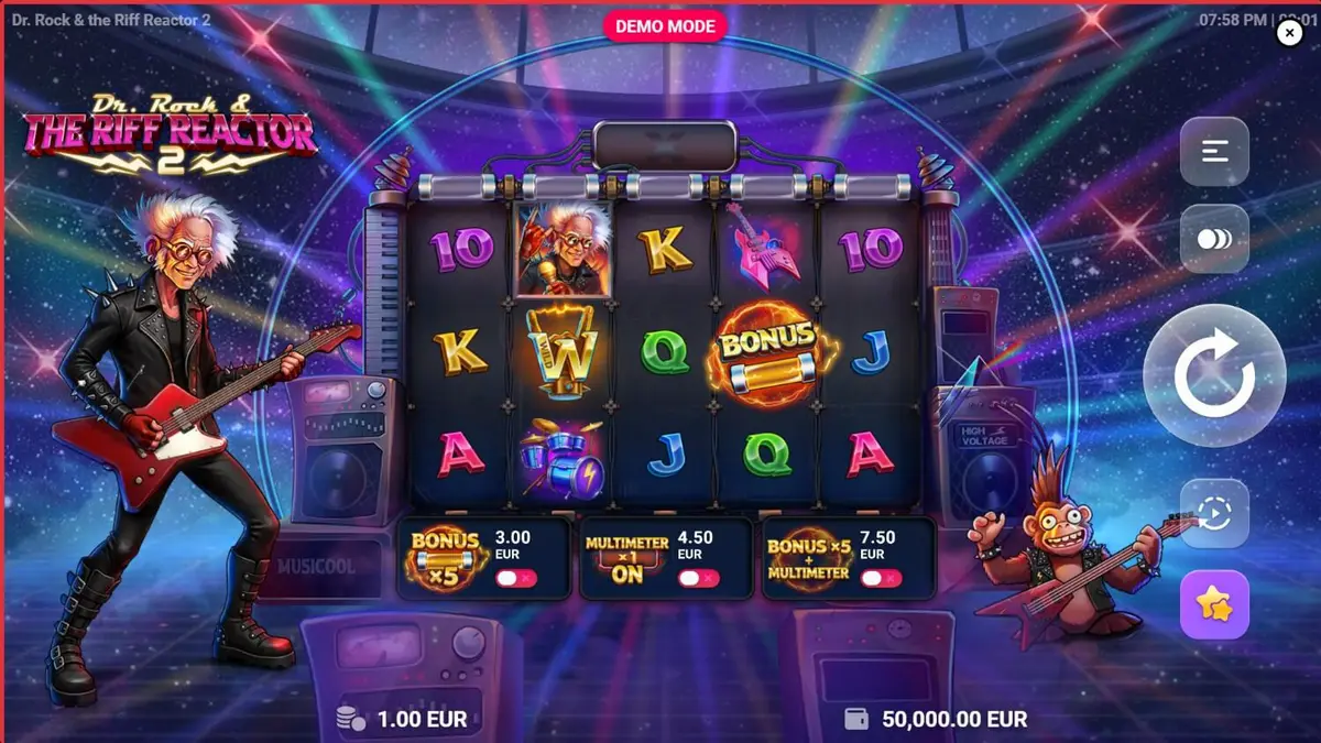Dr. Rock & the Riff Reactor 2 slot game screen featuring neon rock concert theme