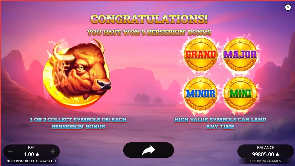 Tampilan visual slot Beserkin’ Buffalo Power Hit dengan tema alam liar dan simbol buffalo.
