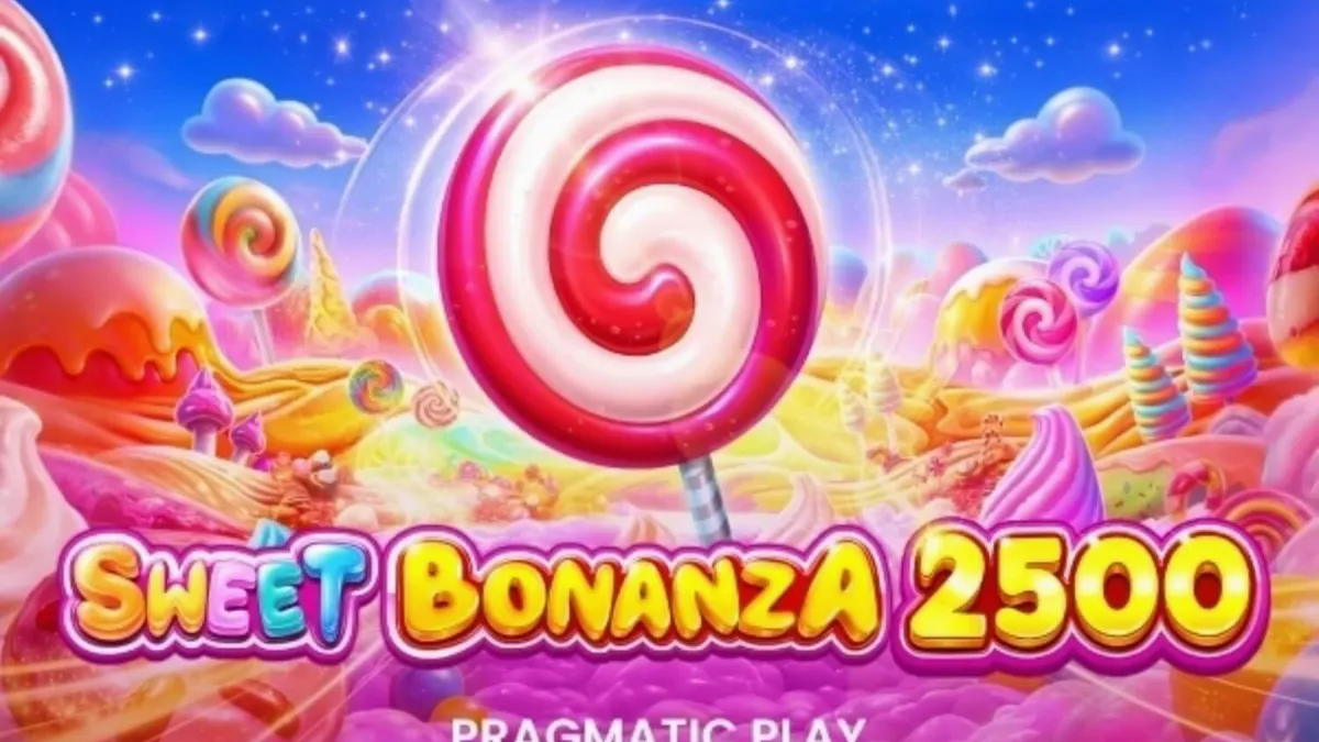 Tampilan layar permainan seluler Sweet Bonanza 2500 dengan simbol permen berwarna-warni