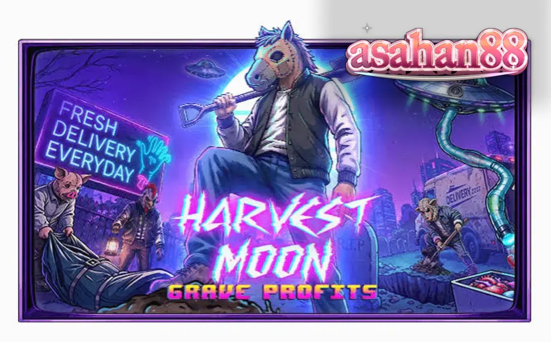 Tampilan visual slot Harvest Moon Grave Profits dengan tema horor konspirasi